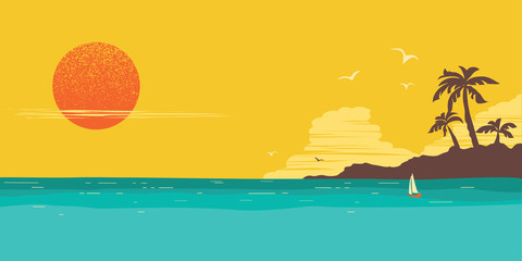 Tropical island paradise horizon seascape background with palms silhouette