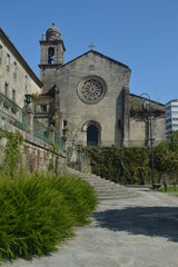 Facade Of The Church Of San Francisco Of Gothic Style Dating In The XIII Century In Pontevedra. Nature, Architecture, History, Street Photography. August 19, 2014. Galicia, Spain.
