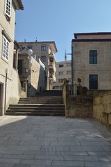 Fototapeta na wymiar Beautiful Stairs Street Juan Novas Guillan Of Medieval Style In Pontevedra. Nature, Architecture, History, Street Photography. August 19, 2014. Galicia, Spain.