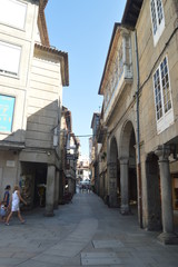 Soportales Street Of Medieval Style In Pontevedra. Nature, Architecture, History, Street Photography. August 19, 2014. Galicia, Spain.