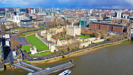 Obraz premium Aerial drone photo of iconic Tower of London castle in the heart of City of London, United Kingdom