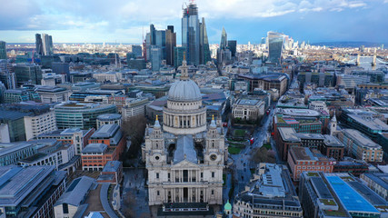 Fototapeta na wymiar Aerial drone photo of iconic Saint Paul landmark Cathedral in the heart of City financial district of London, United Kingdom