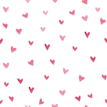 Watercolor painting background with little pink hearts, seamless pattern on white