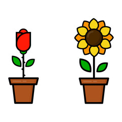 cartoon cute sunflower and red rose in a pot
