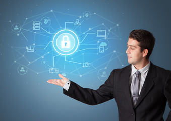 Young smiling person presenting office cloud technology concept
