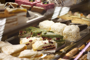 pieces of cakes on the counter close-up