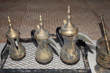 Detail shot of tradational arabic Brass tea pots