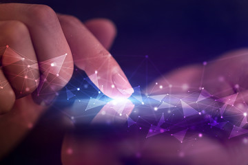 Finger touching phone with human network concept and dark background
