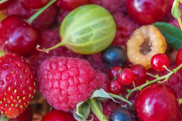 Beautiful background of various of summer berries: goosberry, currant, strawberry, raspberries, cherry close up