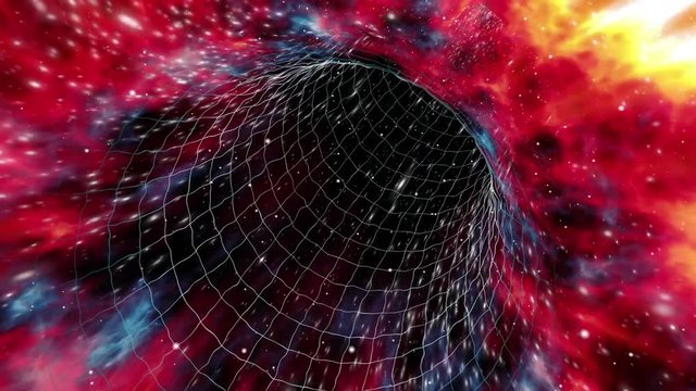 Looped wormhole flight to another dimension through a red-shifted force field grid of stars and interstellar gases