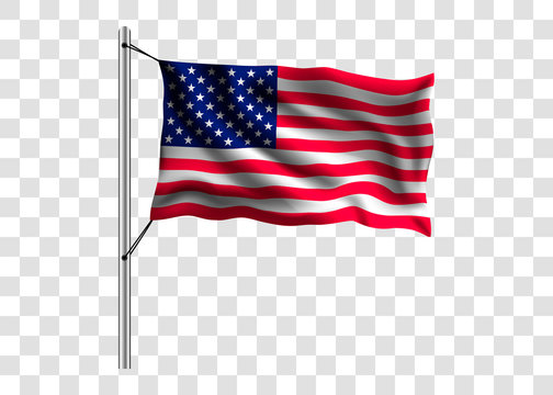 Waving United States flag on flagpole on isolated background, American flag, vector illustration