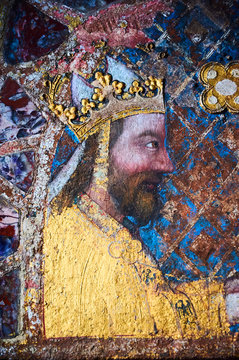 Wall painting Portrait of Charles IV and his wife Anna of Schweidnitz in the Chapel of St. Catherine in the Marian Tower in Karlstejn Castle