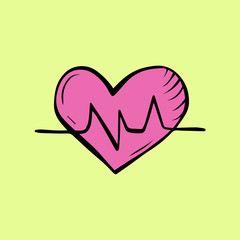 Cartoon style vector illustration of pink heart rate. Great design elements for sticker, card, print, poster. Doodle drawing isolated on yellow background. Medicine, healthcare, cardiology, pulse