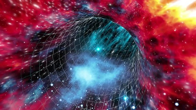 Looped wormhole flight to another dimension through a red-shifted force field grid, passing through stars and interstellar gases