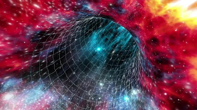 Looped wormhole flight to another dimension through a red-shifted force field grid of stars and interstellar gases