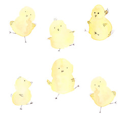 Watercolor seamless pattern with cute yellow chicks