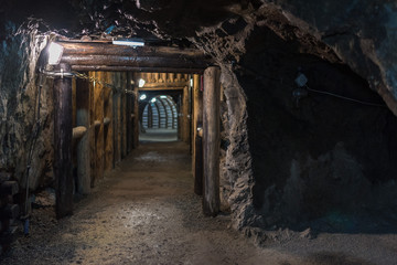 Underground corridor in an old gold mine and arsenic - obrazy, fototapety, plakaty