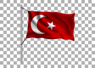 Waving Turkey flag on flagpole on isolated background, Turkish flag, vector illustration