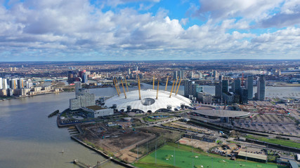 Aerial drone bird's eye view of iconic concert Hall of O2 Arena, Greenwich Peninsula, London, United Kingdom © aerial-drone