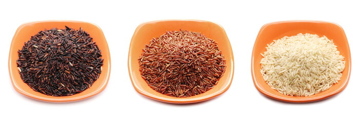Red wild, black and integral long rice pile in porcelain bowl isolated on white background