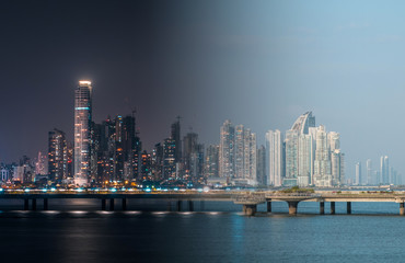 modern skyscraper city skyline at night and day photomerge, Panama City -