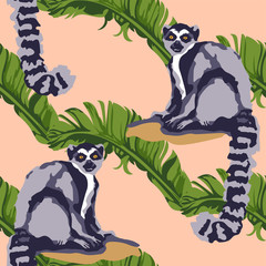 Tropical wildlife seamless pattern. Madagascar animals, flowers ornament. Vector pattern.