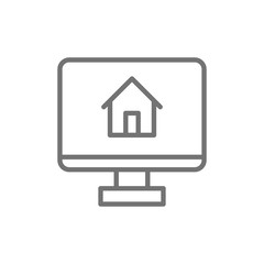 Monitor with house, app for real estate line icon.