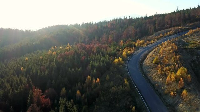 Aerial view of the serpentine road and mountain landscape. Carpathians
