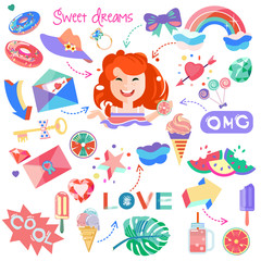 A set with a picture of a girl and drawings for stickers