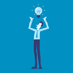 Business character with idea. Joyful worker with light bulb symbol. Flat design cartoon illustration.