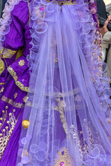 Italy, Venice, 2919 carnival, typical masks, beautiful clothes, posing for photographers and tourists. Detail of the dress