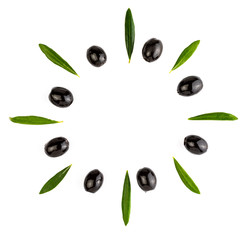 Texture background with green and black olives and with olive leaves. Isolated on white background.