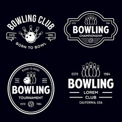 Naklejka premium Set of vector vintage monochrome style bowling logo, icons and symbol. Bowling ball and bowling pins silhouettes. Trendy design elements.