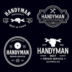 Handyman labels badges emblems and design elements. Tools silhouettes. Carpentry related vector vintage illustration.