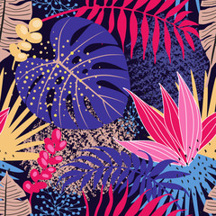 Seamless Pattern with Tropical Leaves and Textures