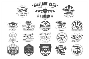 Set of vintage airplane logos. Original monochrome emblems with silhouettes of aircrafts. Typography vector design for flying club, pilot school or poster