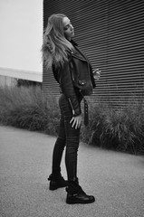 beautiful girl walking in stylish clothes