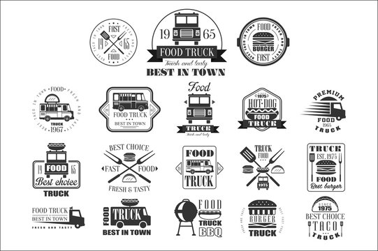 Set of vintage logos for street food. Monochrome vector emblems with trucks, tacos, hamburgers, hot-dogs, kitchen utensils, grill, lettering. Fresh and tasty eating