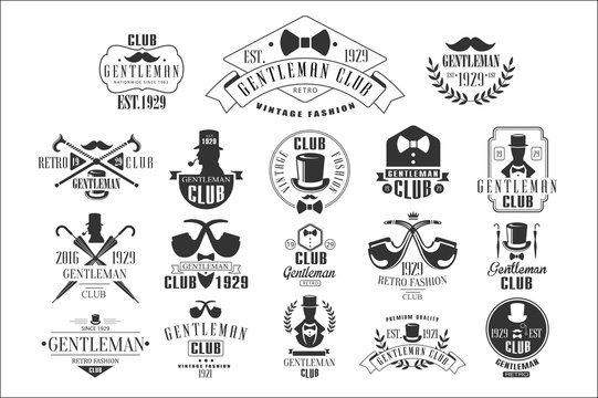 Monochrome vector set of stylish emblems for gentleman club. Vintage labels with silhouettes of men, smoking pipes, mustaches, bow ties and umbrellas