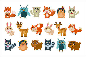 Colorful set of different forest animals. Funny cartoon characters. Graphic elements for children s book, mobile game, sticker. Wildlife concept. Flat vector design