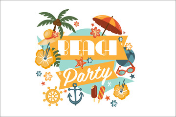 Obraz na płótnie Canvas Beach party poster with palm, umbrella, anchor, steering wheel, ball, straw hat, ice-cream, sunglasses, flowers, sea star. Summer time. Design for card, flyer, invitation
