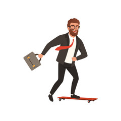 Cheerful businessman riding fast on skateboard. Cartoon young bearded guy in black formal suit with red tie. Office worker with briefcase. Flat vector design