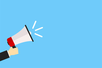 Hand holding megaphone announce media social speech speaker. Flat design EPS 10