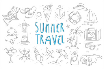 Set with various accessories for beach vacation and sea elements. Summer travel theme. Hand drawn vector design for advertising poster or flyer of tourist agency