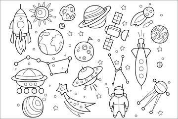 Fototapeta premium Vector set of hand drawn space objects. Flying saucers of aliens, spaceship, rocket, astronaut, cosmic satellite, stars and different planets. Sketch style icons