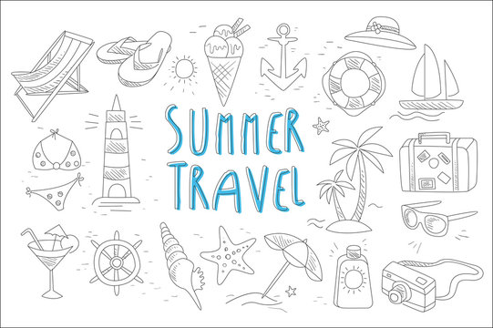Set with various accessories for beach vacation and sea elements. Summer travel theme. Hand drawn vector design for advertising poster or flyer of tourist agency