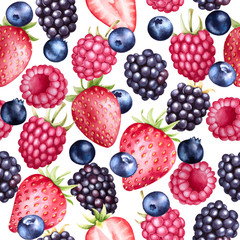 Fresh berries seamless pattern. Watercolor background with colorful fruits. Strawberry, raspberry, blueberry and blackberry.