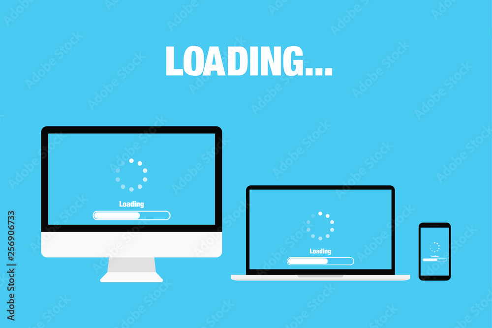 Poster set updateing devices in cloud application on bule background loading process or download service. f