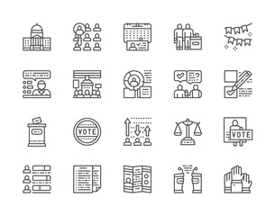 Set of Voting and Elections Line Icons. Politician, Debates, Vote and more.
