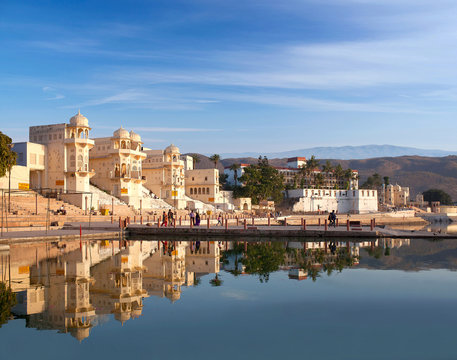Pushkar city view from Pushkar Sarovar lake in Rajasthan, India